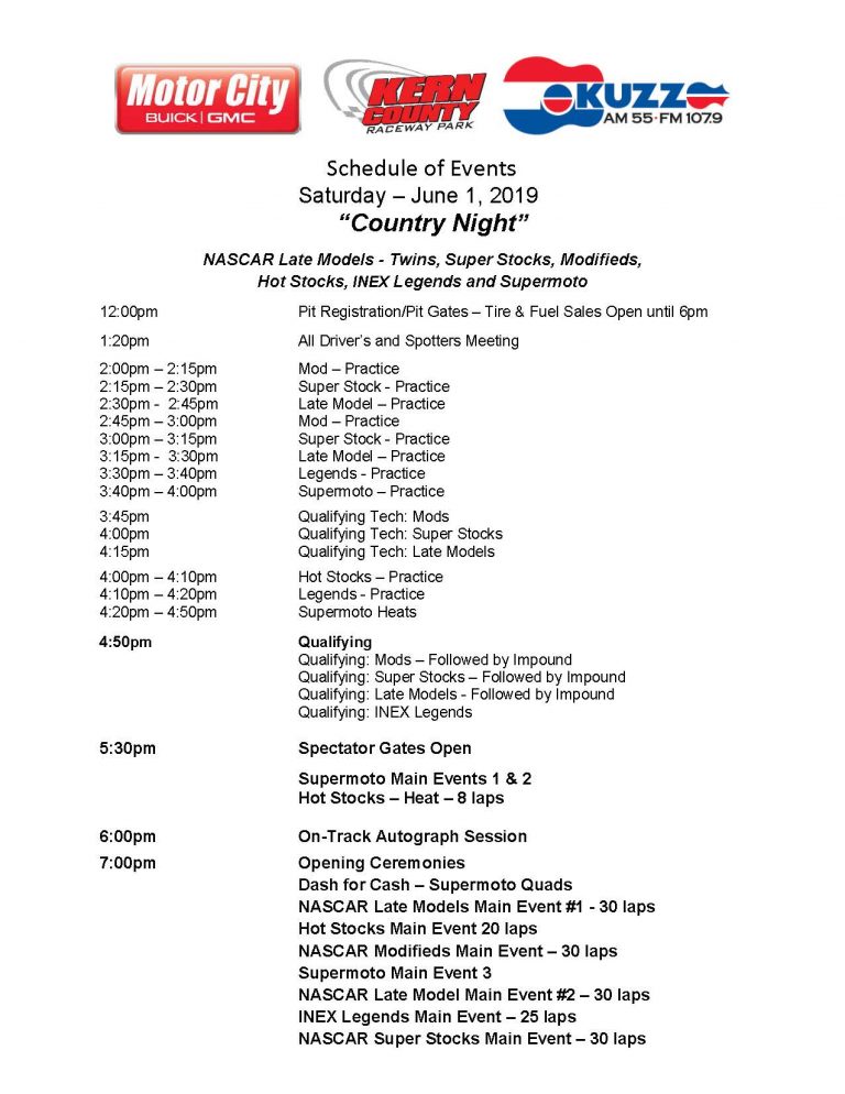 JUNE 1ST SCHEDULE OF EVENTS KERN COUNTY RACEWAY Kern County Raceway